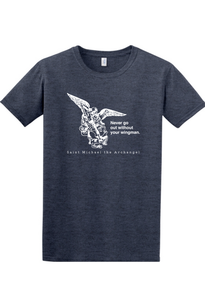 a navy t-shirt with an image of St. Michael the Archangel on it. It says "Never go without your wingman"