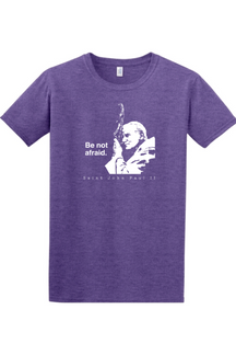 purple t-shirt featuring St. John Paul II that says "Be not afraid"