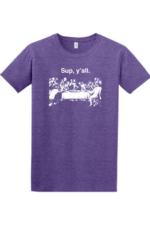 purple t-shirt with image of the last supper that says "Sup, y'all"