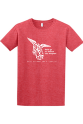 a red t - shirt with an image of St. Michael the Archangel on it. It says "Never go without your wingman"