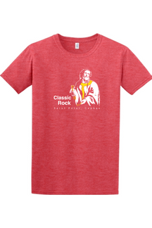 a red t-shirt with St. Peter on it that says "Classic Rock"