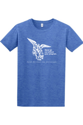 a blue t - shirt with an image of St. Michael the Archangel on it. It says "Never go without your wingman"