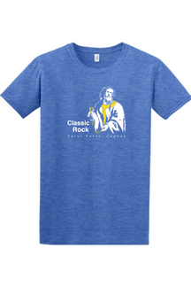 a blue t-shirt with St. Peter on it that says "Classic Rock"