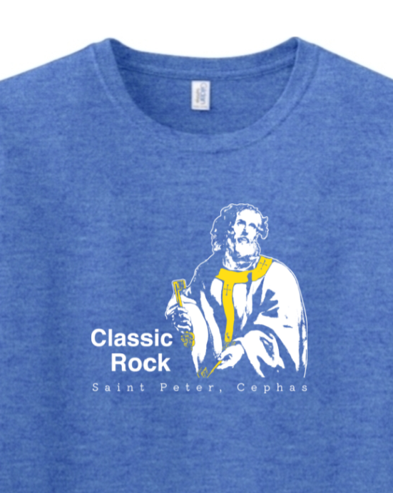 t-shirt with St. Peter on it that says "Classic Rock"