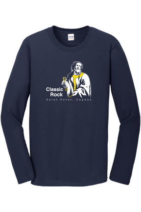 navy long sleeve shirt with image of St. Peter that says "Classic Rock" with "St. Peter, Cephas" underneath