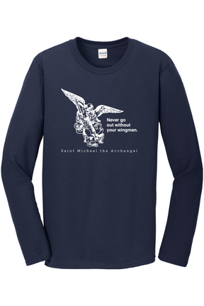 navy longsleeve shirt with image of St. Michael that says "Never go without your wingman" with 'St. Michael the Archangel' underneath