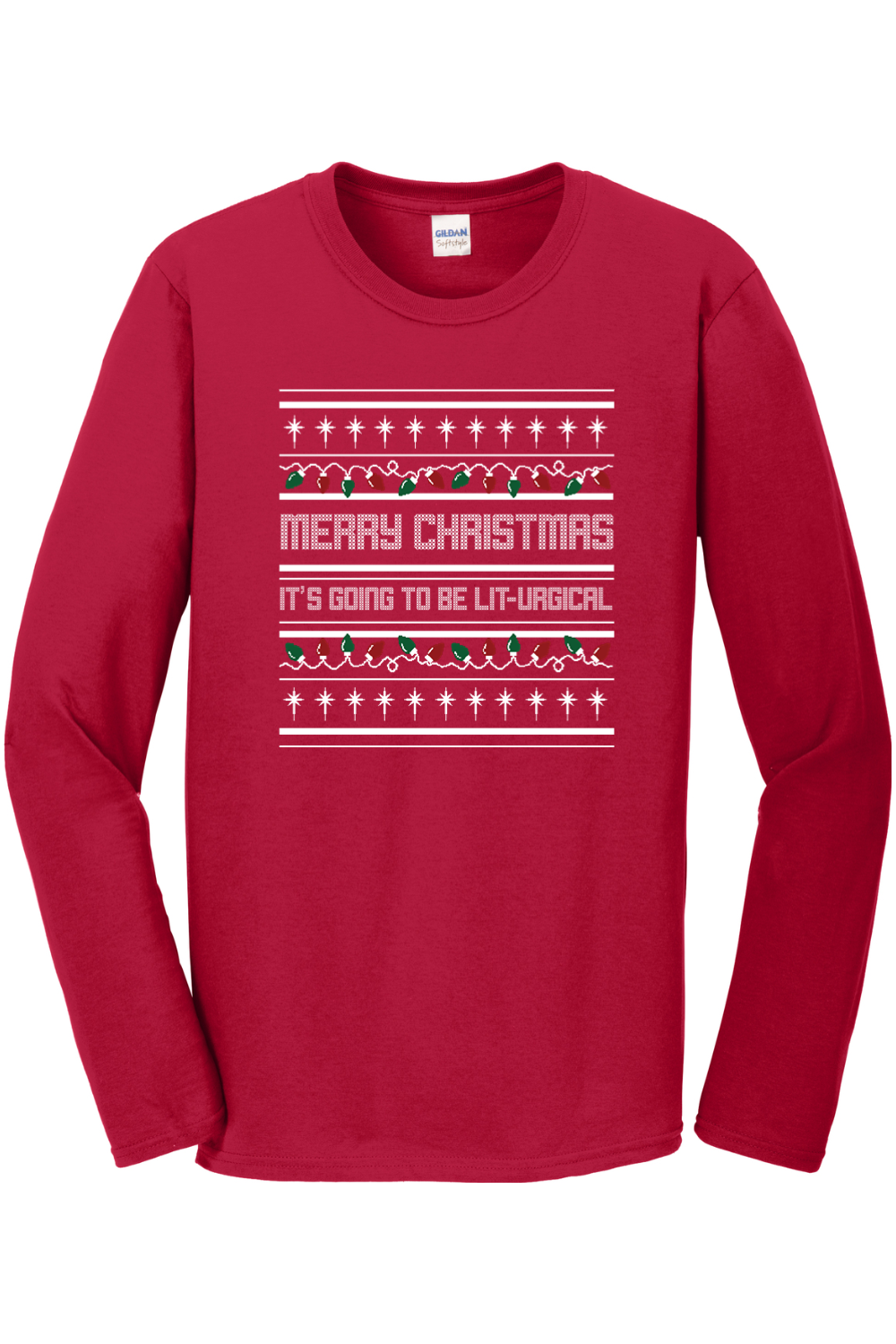 red long sleeve shirt with Christmas Sweater pattern that says "Merry Christmas! It's going to get Lit-urgical."