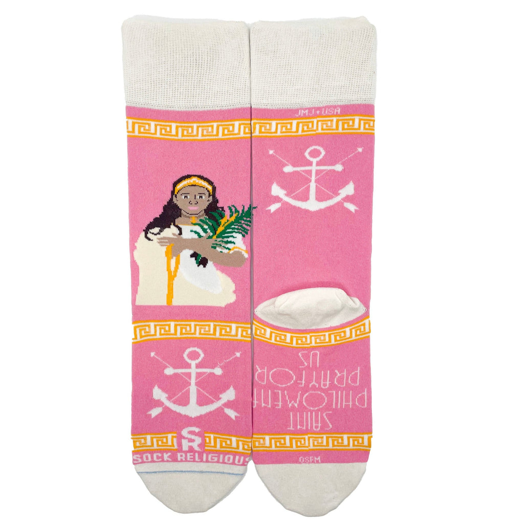 A pair of pink and white socks with a picture of St. Philomena on it