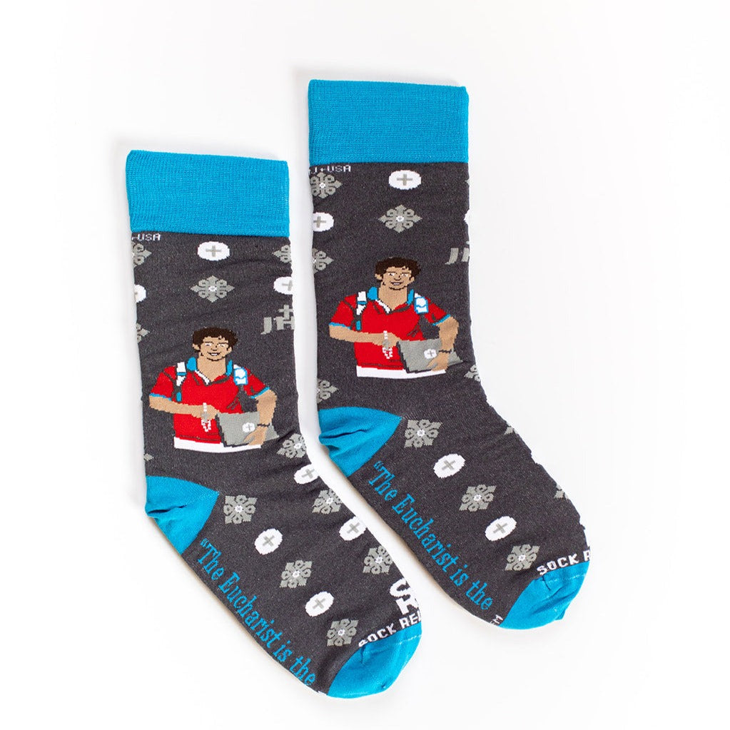 a pair of socks with a picture of a man on it