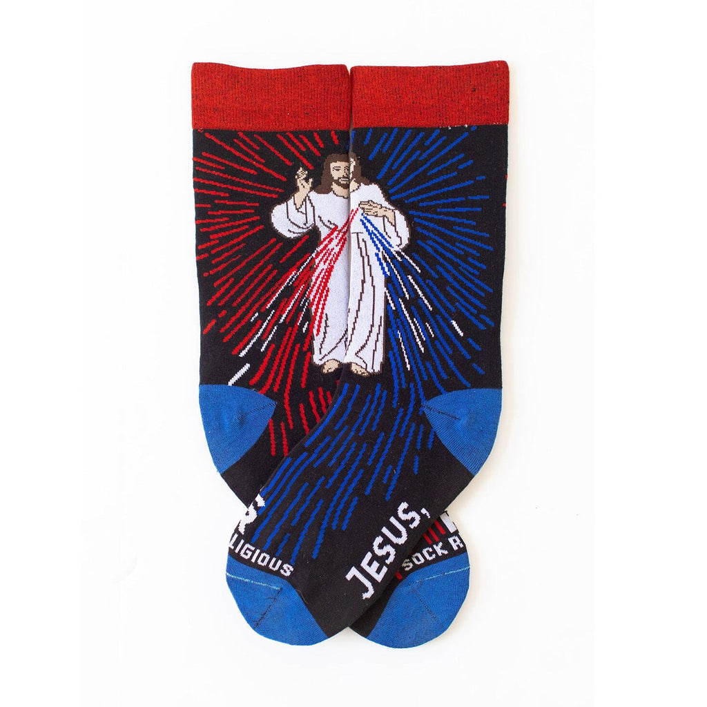 pair of catholic dress socks featuring the Divine Mercy Image of Jesus