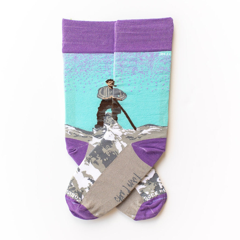 a pair of Bl. Frassati Adult Socks with a picture of Frassati