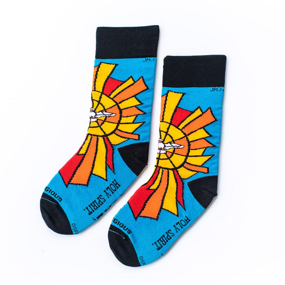 a pair of socks with a sun design on them