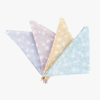 Four pastel Easter Alleluia Cloth Napkins on a white background – yellow, pink, lilac, and baby blue.