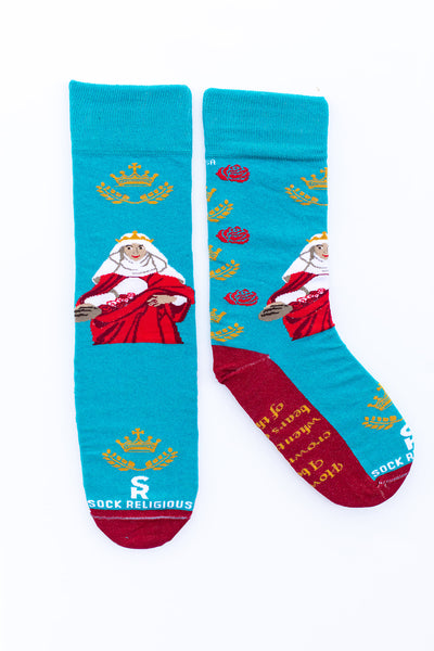 a pair of blue socks with a picture of St. Elizabeth