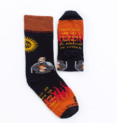 a pair of socks with a picture of a man on it