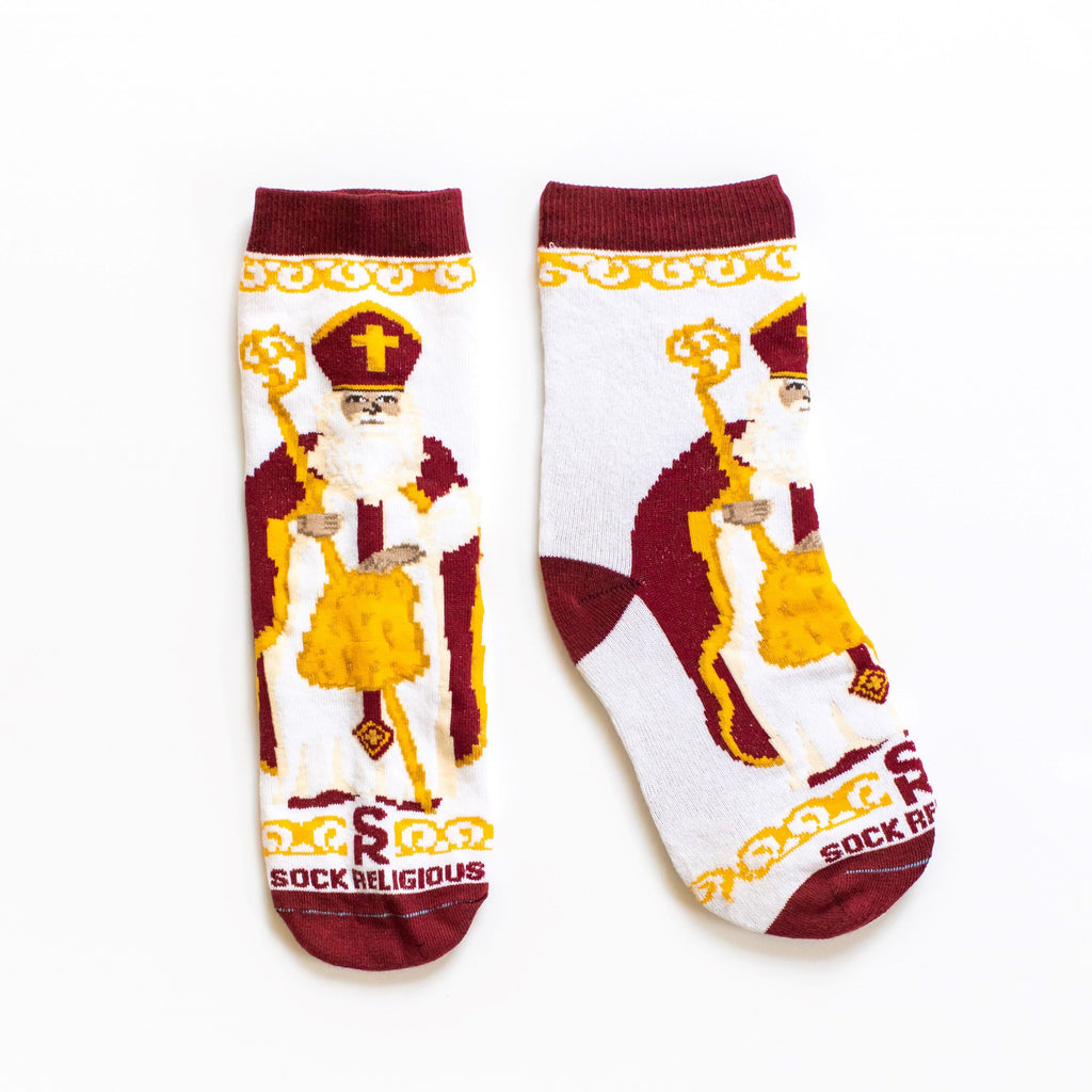 white socks featuring large image of St. Nicholas the bishop