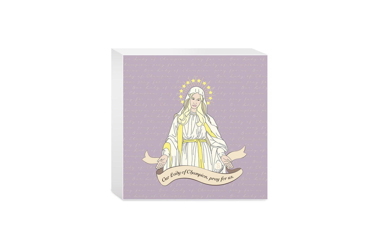 Our Lady of Champion 5x5 Wood Block | Catholic Gifts & Decor-0