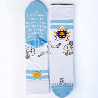 a pair of socks with a picture of Pope Francis