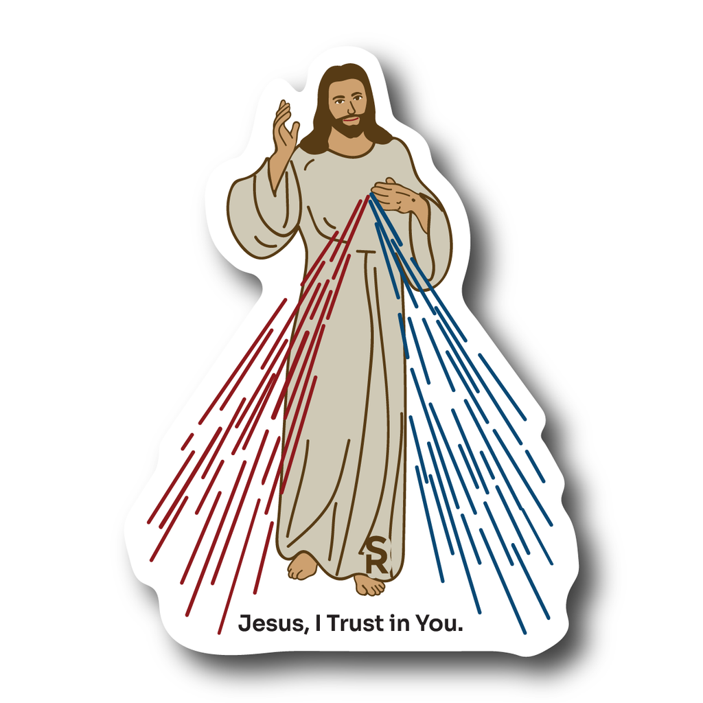 Divine Mercy Image of Jesus on a sticker that says "Jesus, I trust in you"