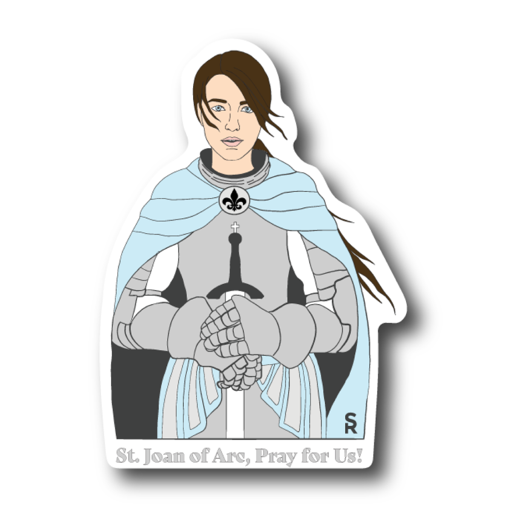 Sticker with St. Joan of Arc in full armor with a blue cape that says "St. Joan of Arc, pray for us" along the bottom