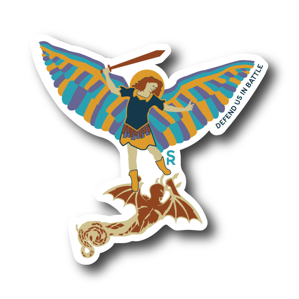 St. Michael the Archangel sticker with words 'defend us in battle'