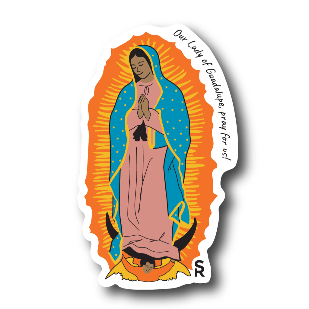 Our Lady of Guadalupe sticker that says "Our Lady of Guadalupe, pray for us" along the edge