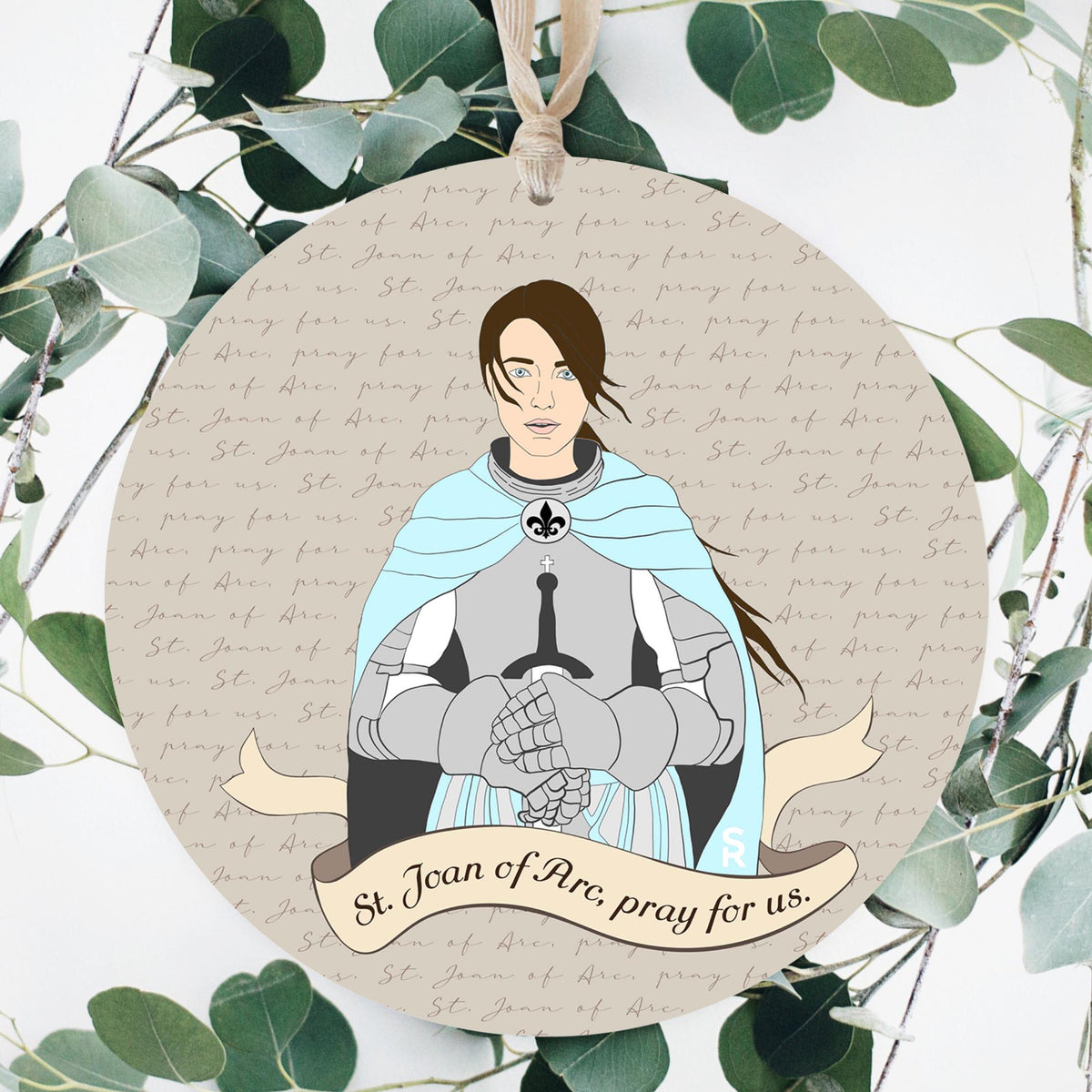 St. Joan of Arc Round 8 inch Hanging Wood Plaque