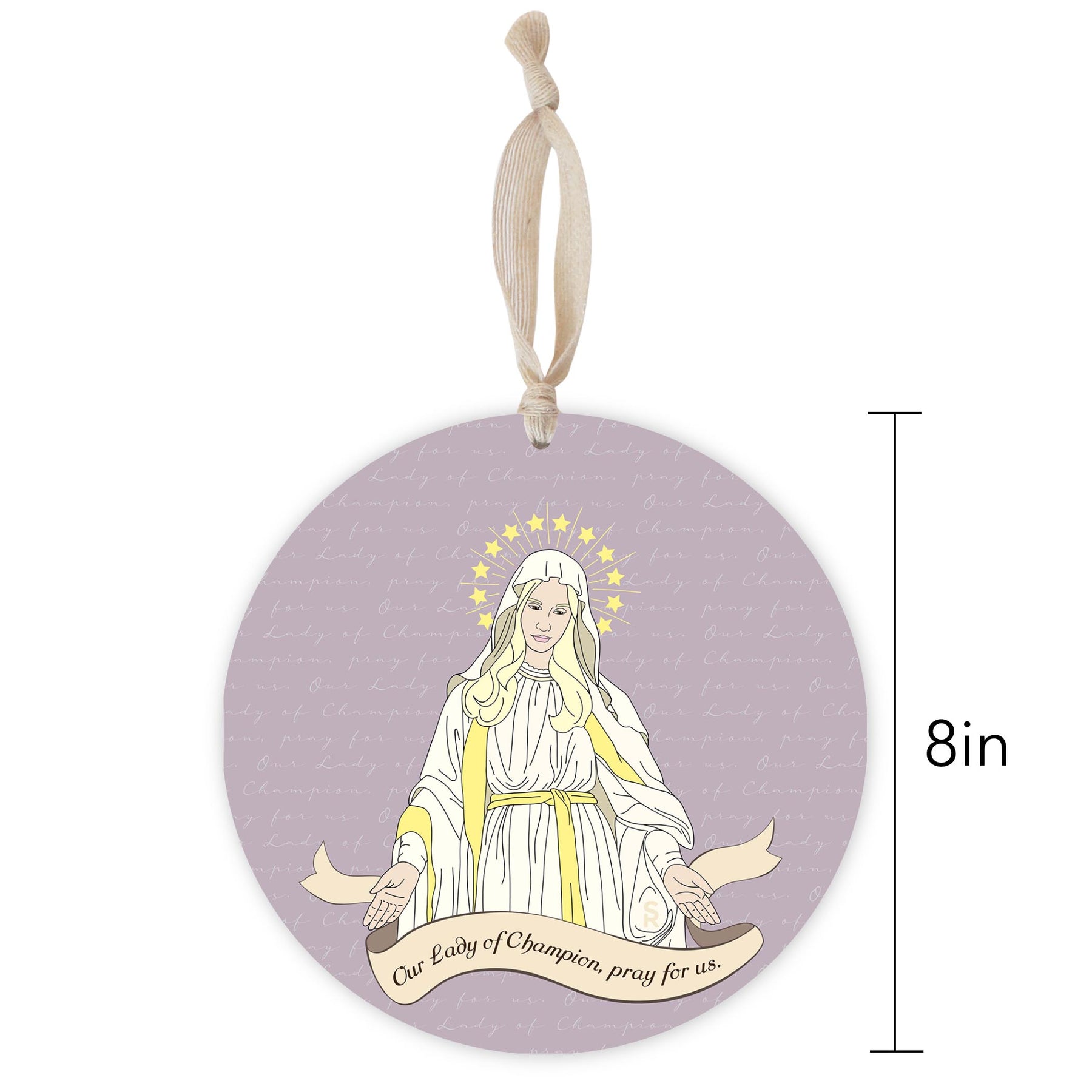 Our Lady of Champion Round 8 inch Hanging Wood Plaque