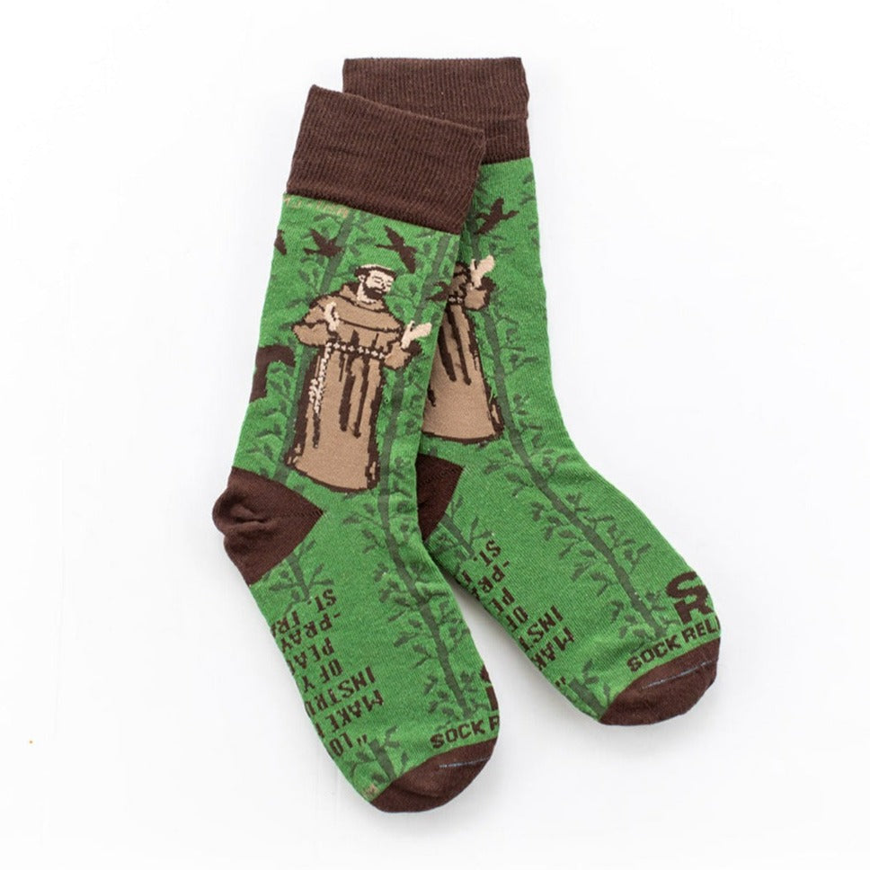 green St. Francis of Assisi socks with tree pattern, birds, and a tau cross