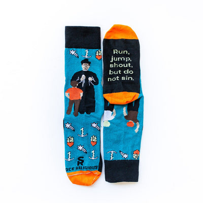 a pair of socks with a picture of St. John Bosco