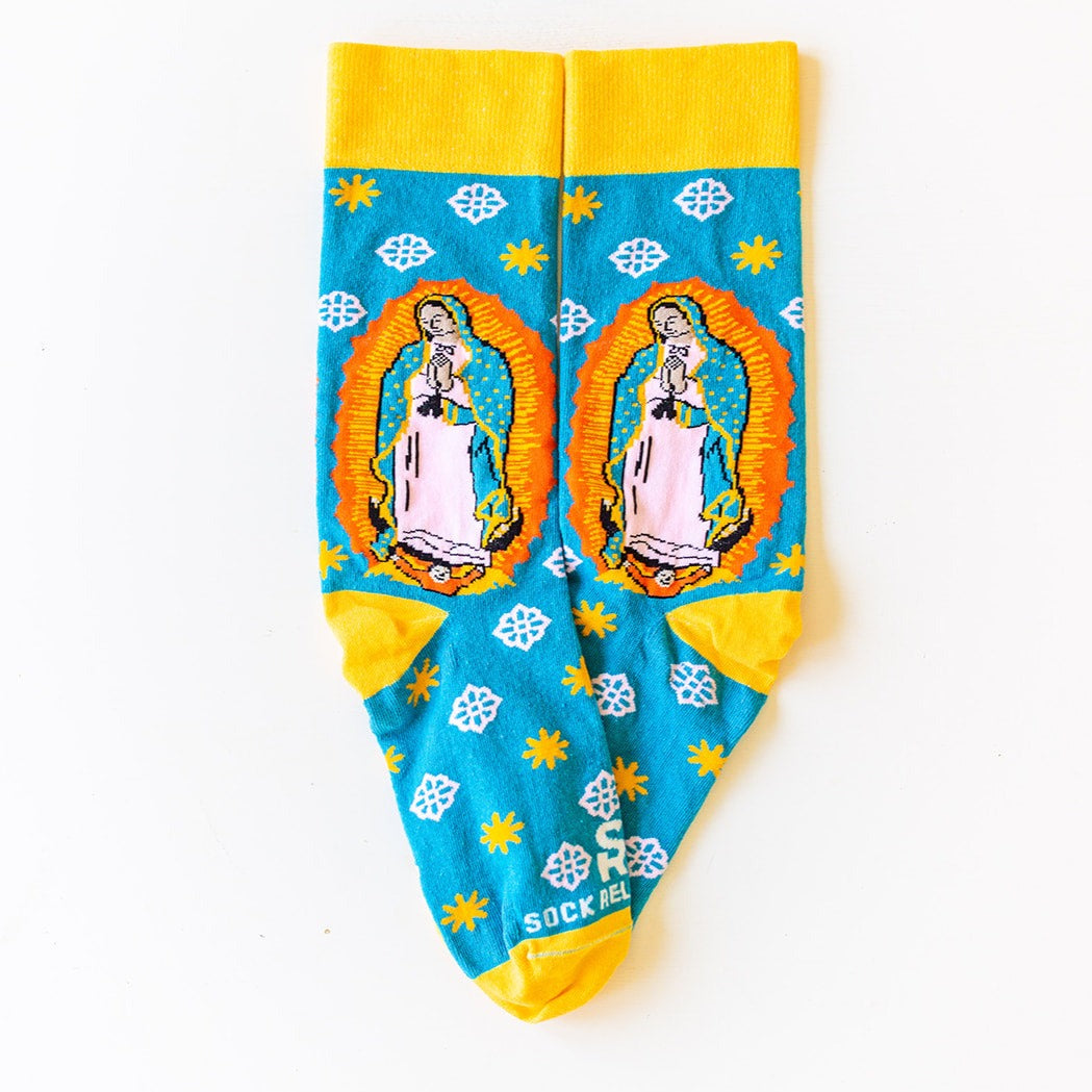 teal, orange and yellow socks featuring Our Lady of Guadalupe