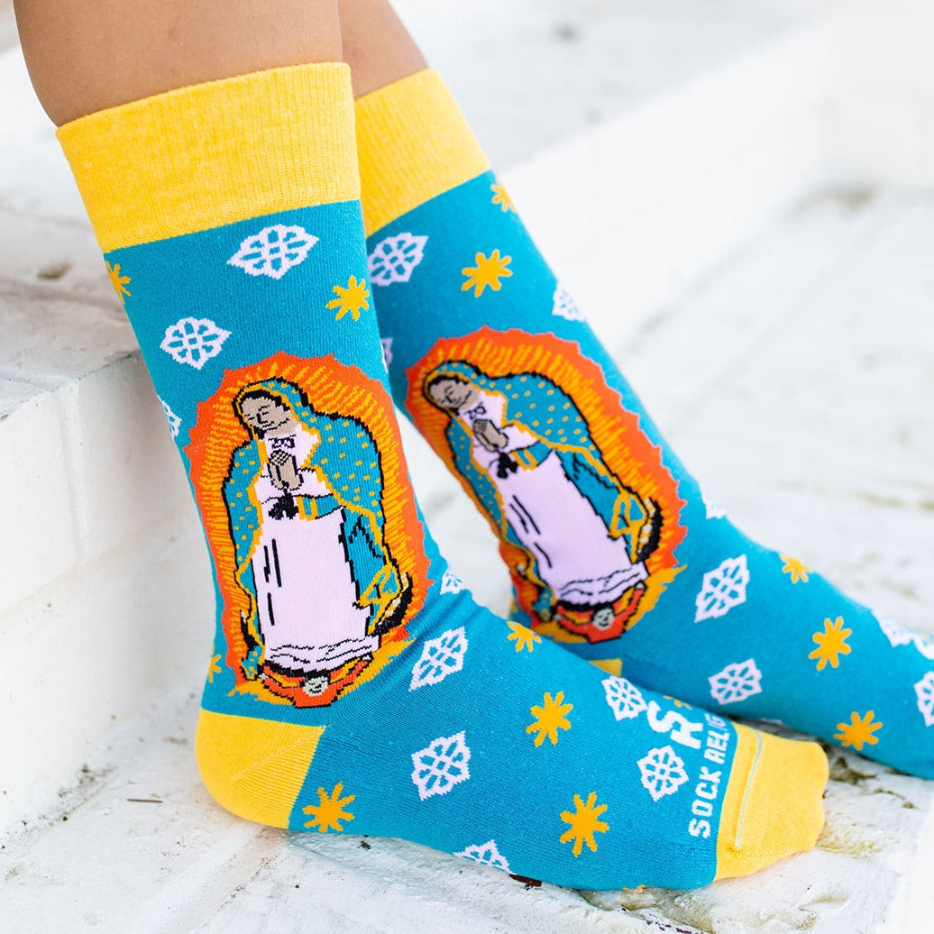 A close up of Our Lady of Guadalupe Socks