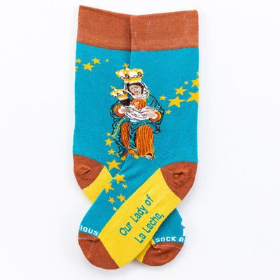 a sock with a picture of Our Lady of La Leche