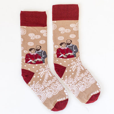 a pair of socks with a picture of Sts. Louis & Zelie