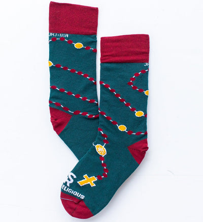 a pair of socks with a design of rosary