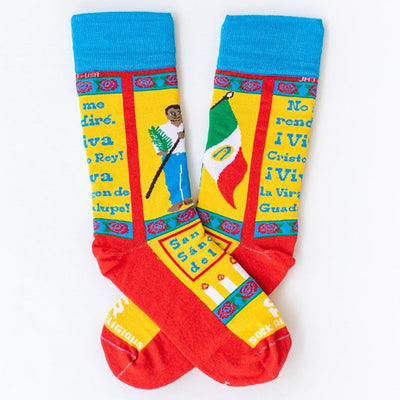 a pair of socks with a picture of St. José Sánchez del Río