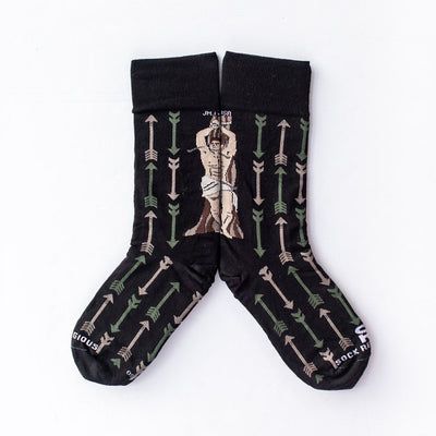 a pair of black socks with arrows on them