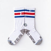 a pair of white socks with red, white, and blue stripes