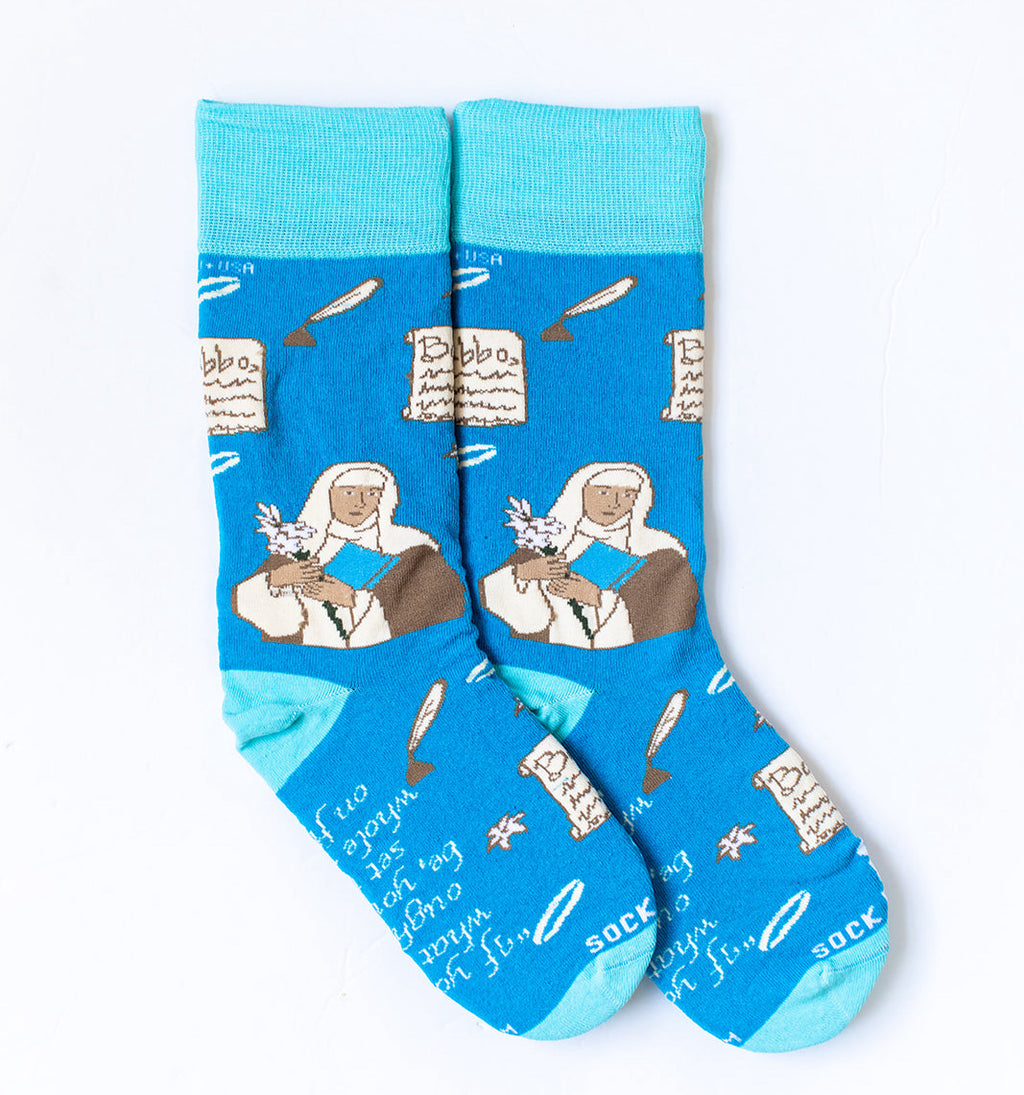 a pair of blue socks with a picture St. Catherine of Siena