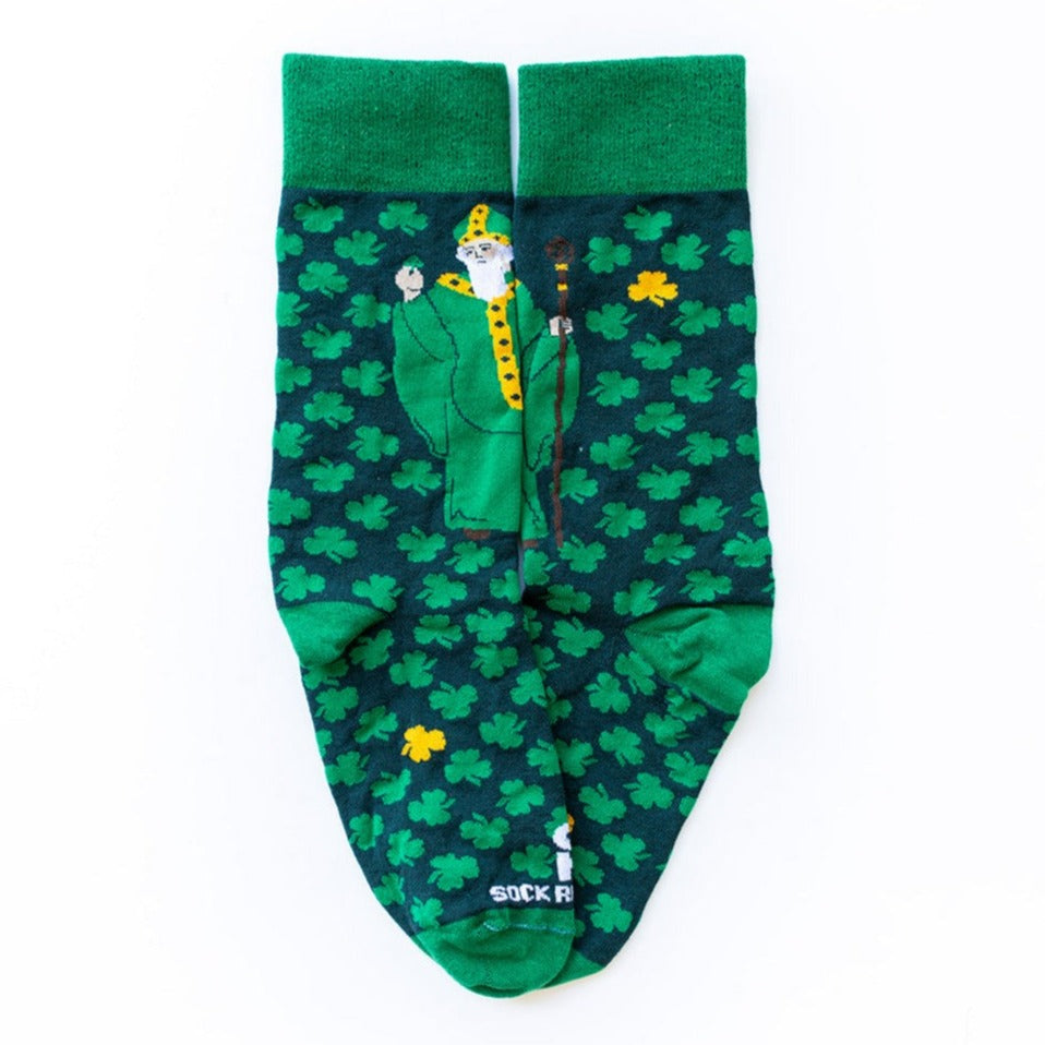 Green socks with green clovers and St. Patrick of Ireland