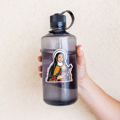 St. Therese of Lisiuex sticker that says "the little way" in script on a waterbottle