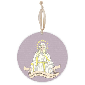 Our Lady of Champion Round 8 inch Hanging Wood Plaque