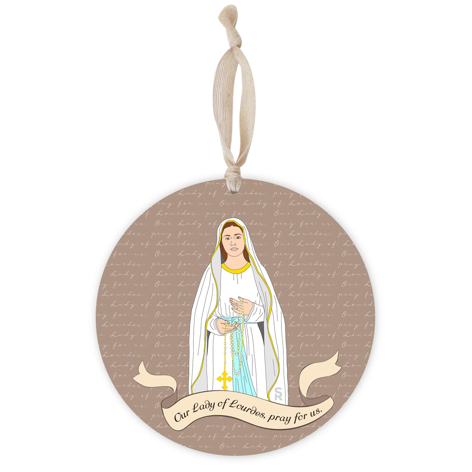 Our Lady of Lourdes Round 8 inch Hanging Wood Plaque