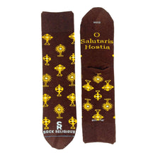 A stylish pair of brown socks featuring shiny golden monstrances and text